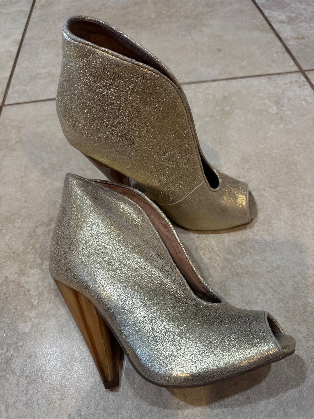 NEW! Vintage Jeffrey Campbell Dayne Gold Leather Wood Heel Booties Heels Boots 8